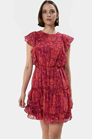 Yazlık Mini Elbise Çiçek Desen Rahat Şifon Kumaş Fırfırlı Etek Modern Stil Dayanıklı Malzeme