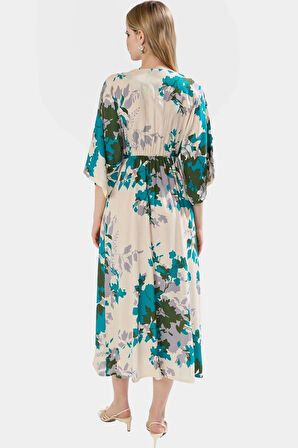 Yazlık Çok Etnik Desenli Viskoz Elbise Midi Boy A Kesim Truvakar Kol Konforlu