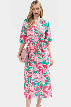 Kruvaze Yaka A Kesim Maxi Elbise  Viskoz Çok Çiçek Desenli Yazlık Mükemmel Uyum