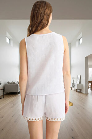 Yazlık Dantelli Pamuk Müslin Pijama Şort Takım Rahat Kesim Zarifane Tasarım Dayanıklı Malzeme