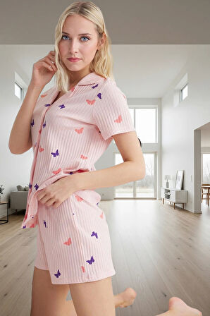 Kelebek Desenli Yazlık Pijama Takımı Nefes Alan Örme Kumaş Uzun Ömürlü Trend Tasarım Rahat Ve Şık