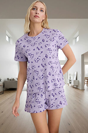 Rahat Homewear Çiçekli Örme Pijama Takımı Kısa Kol Regular Dayanıklı Malzeme