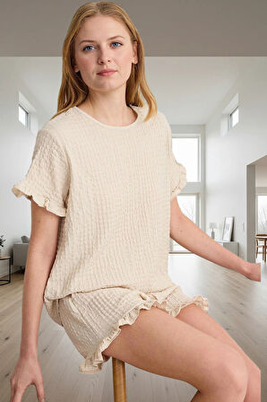 2'li Pijama Takımı Yumuşak Örme Kumaş Fırfırlı Yaz İçin Ideal Modern Stil Rahat Kullanım