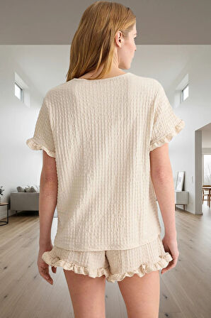 2'li Pijama Takımı Yumuşak Örme Kumaş Fırfırlı Yaz İçin Ideal Modern Stil Rahat Kullanım