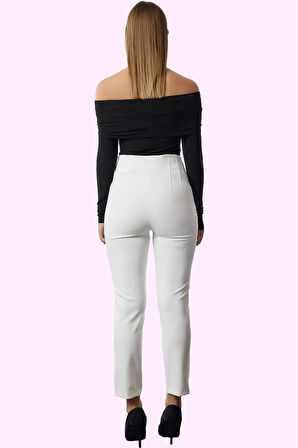 Kadın Polyester Elastan Dokuma Pantolon Yüksek Bel Cigarette Kalıp Tüm Sezonlar Günlük Kullanım