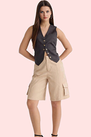 Kadın Straight Siluet Gabardin Bermuda Şort Pamuk Yaz Aylarının Vazgeçilmezi Günlük Kullanım