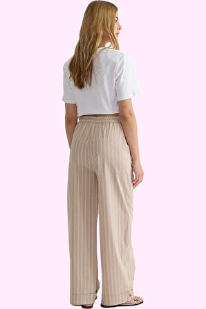 Kadın Terrycotton Kumaş Çizgili Geniş Paça Pantolon Yüksek Bel Günlük Kullanım Özel Günler