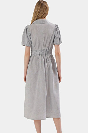 Yazlık Midi Elbise %Pamuk Dokuma Kısa Balon Kollu Çizgili Skater Gömlek Yaka Rahat Ve Şık