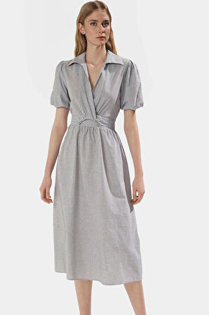 Yazlık Midi Elbise %Pamuk Dokuma Kısa Balon Kollu Çizgili Skater Gömlek Yaka Rahat Ve Şık