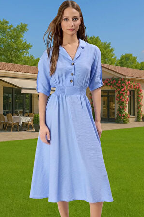 Rahat Dokuma Midi Elbise Gömlek Yaka A Kesim Yazlık Kombin Trend Tasarım Özel Tasarım Mükemmel Uyum