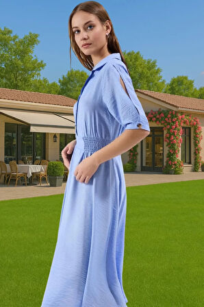 Rahat Dokuma Midi Elbise Gömlek Yaka A Kesim Yazlık Kombin Trend Tasarım Özel Tasarım Mükemmel Uyum