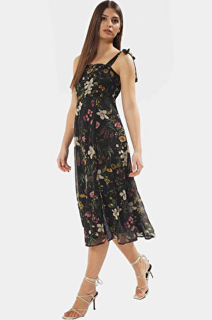 A line Gipeli Şifon Midi Elbise Dokuma Kumaş Kare Yaka Şık Görünüm Kaliteli İşçilik