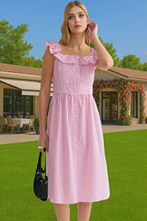 Şık Çizgili Midi Gömlek Elbise Pamuk Polyester Nefes Alabilir Yazlık Modern Stil Seçkin Malzeme