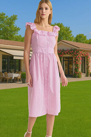 Şık Çizgili Midi Gömlek Elbise Pamuk Polyester Nefes Alabilir Yazlık Modern Stil Seçkin Malzeme