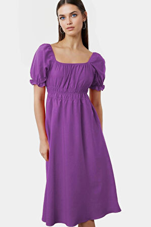 Midi Boy Kadın Terrycotton Skater Elbise Kare Yaka Kısa Kollu Rahat Kesim Yüksek Kalite