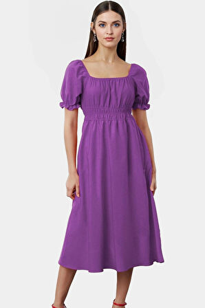 Midi Boy Kadın Terrycotton Skater Elbise Kare Yaka Kısa Kollu Rahat Kesim Yüksek Kalite