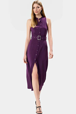 Lilyum Dokuma Polyester Gömlek Elbise Kemer Detaylı Maxi Boy Zarifane Tasarım Profesyonel Görünüm