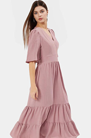 Yazlık Kısa Kollu Midi Elbise  Polyester Aerobin Dokuma Günlük Kullanım İçin Şık Görünüm