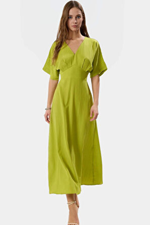 Yazlık Günlük A Kesim Maxi Elbise V Yaka Kısa Kollu Polyester Dokuma Kaliteli İşçilik