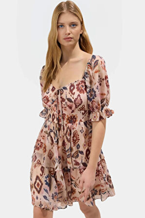 Astarlı Gipeli Mini Elbise Yazlık Çiçekli Dokuma Kumaş Kaliteli İşçilik Özenle Seçilmiş