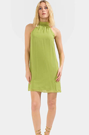 Yazlık Kısa Mini Elbise Şifon Dokuma Astarlı Halter Yaka Düz Kesim Konforlu