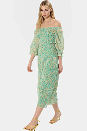 Polyester Şifon Maxi Elbise A line Truvakar Kol Çiçekli Kaliteli İşçilik Seçkin Malzeme