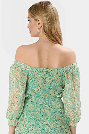 Polyester Şifon Maxi Elbise A line Truvakar Kol Çiçekli Kaliteli İşçilik Seçkin Malzeme