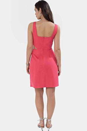 A Line Gabardin Mini Elbise Kolsuz Kare Yaka Cut Out Detay Pamuk Rahat Kullanım