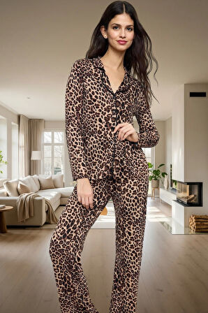 Rahat ve Şık Leopar Desenli 2 Parçalı Örme Pijama Takımı Viskoz Kumaş Kullanım