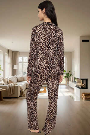 Rahat ve Şık Leopar Desenli 2 Parçalı Örme Pijama Takımı Viskoz Kumaş Kullanım