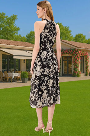 Yazlık Çiçekli A Kesim Bel Kuşaklı Midi Dokuma Elbise Modern Stil Özenle Seçilmiş Seçkin Malzeme