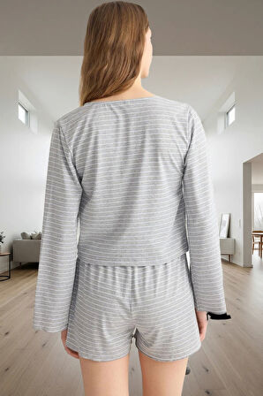 Çizgili %100 Pamuklu Bağlamalı Şortlu Pijama Takımı Nefes Alan Konfor Seçkin Malzeme