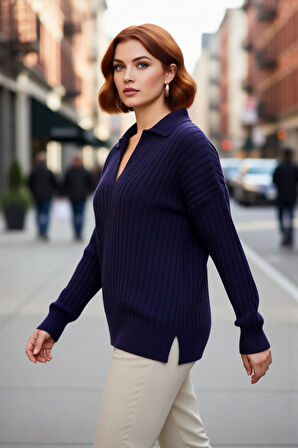 Kadın Oversize Kesim Fitilli Polo Yaka Triko Kazak Kış Sezonu İçin Yeni Favoriniz Olacak Kaliteli