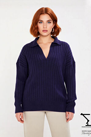 Kadın Oversize Kesim Fitilli Polo Yaka Triko Kazak Kış Sezonu İçin Yeni Favoriniz Olacak Kaliteli