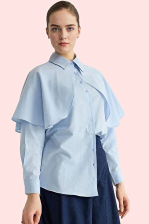 Kadın Pamuk Polyester Basic Gömlek Pelerin Detaylı Uzun Kollu Yaka Şık Günlük Modern Tasarım