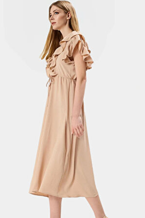 Polyester Aerobin Dokuma Elbise Midi Boy Volan Detay Lastikli Bel Profesyonel Görünüm