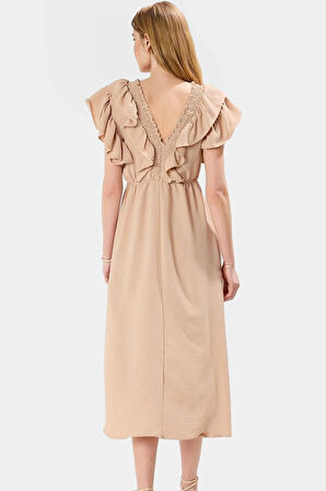 Polyester Aerobin Dokuma Elbise Midi Boy Volan Detay Lastikli Bel Profesyonel Görünüm