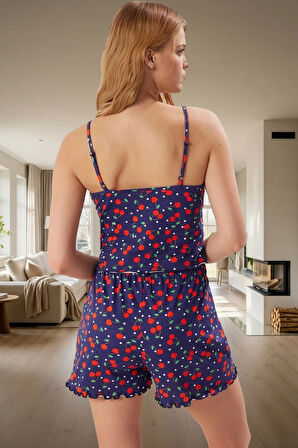 Kiraz Desenli Örme Pamuklu Pijama İnce Askılı ve Şortlu Rahat Kullanım Trend Tasarım