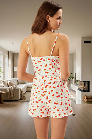 Kiraz Desenli Örme Pamuklu Pijama İnce Askılı ve Şortlu Rahat Kullanım Trend Tasarım