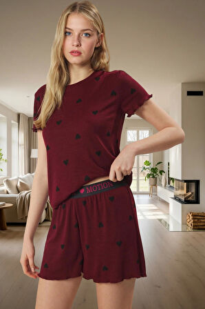 Kalpli Desenli Pijama Takımı Yumuşak Örme Kumaş Lastikli Şort 2'li Takım Premium Kalite