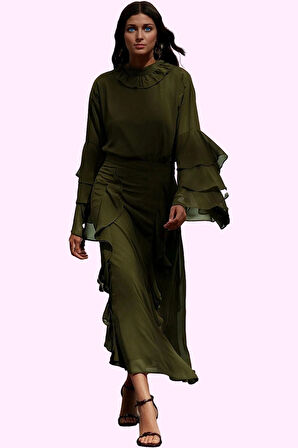 Kadın A line Fırfır Detaylı Maxi Etek Kış Sezonu Ramadan Koleksiyonu Yaz Aylarının Vazgeçilmezi