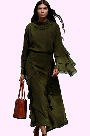 Kadın A line Fırfır Detaylı Maxi Etek Kış Sezonu Ramadan Koleksiyonu Yaz Aylarının Vazgeçilmezi