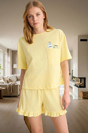 Baskılı Örme Pijama Takımı Fırfırlı Şort ve Rahat Tişört Yaz İçin İdeal Kaliteli İşçilik