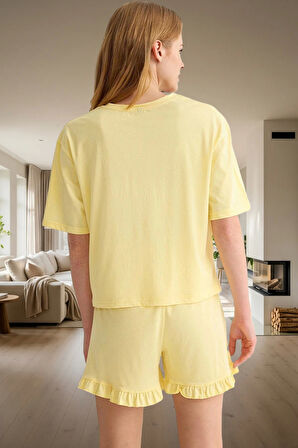 Baskılı Örme Pijama Takımı Fırfırlı Şort ve Rahat Tişört Yaz İçin İdeal Kaliteli İşçilik