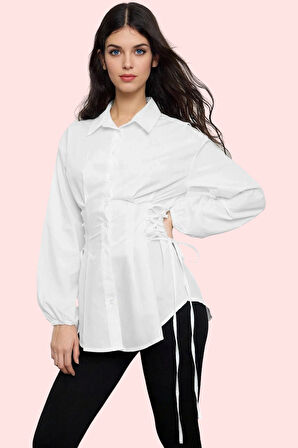 Kadın Basic Siluet Terrycotton Dokuma Gömlek Uzun Kollu Yaka Düz Desen Rahat Günlük Hafta Sonu
