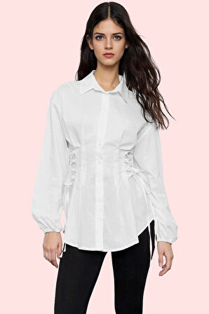 Kadın Basic Siluet Terrycotton Dokuma Gömlek Uzun Kollu Yaka Düz Desen Rahat Günlük Hafta Sonu