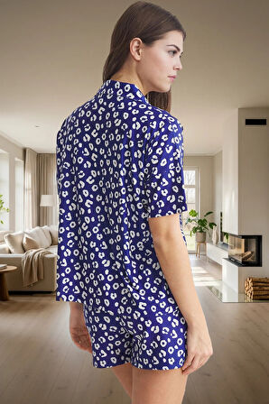 Homewear Leopar Desenli Örme Pijama; Regular Kalıp Kısa Kollu Polyester Premium Kalite Şık Görünüm