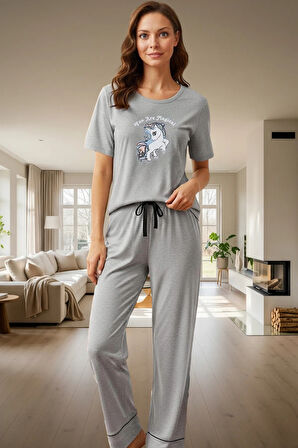 Melanj Örme Pijama Takımı Unicorn Baskı Pamuklu Rahat Seçkin Malzeme Ve Şık