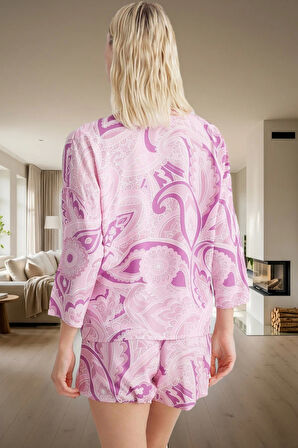 Bohem Stil Viskon Pijama Takımı Etnik Desenli Bağlamalı Şortlu Yazlık Dayanıklı Malzeme Şık Görünüm