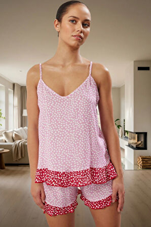 İnce Askılı Fırfırlı Puantiyeli Viskon Pijama Takımı; Yazlık Rahat Şık Homewear Mükemmel Uyum